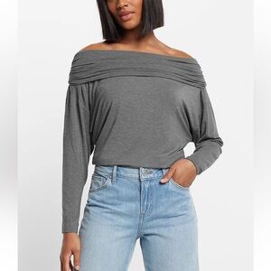 Express Heather grey Off The Shoulder Dolman Sleeve Ruched Overlay Top NEW